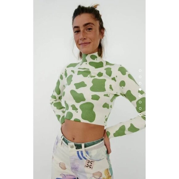 NWOT Zara off white ecru and green animal print wool blend sweater top, M - Picture 3 of 8